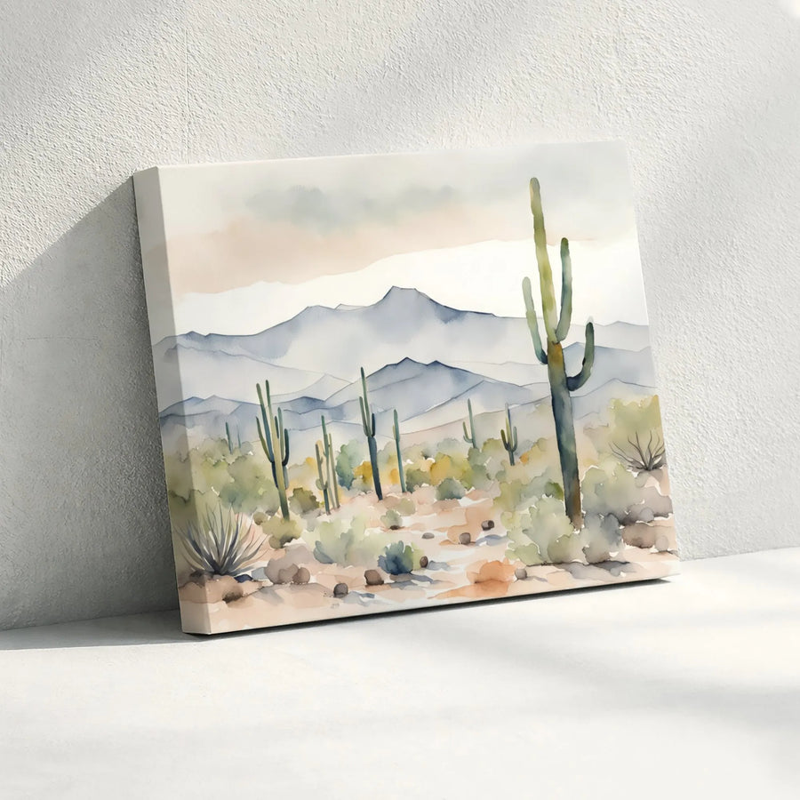 Watercolor Desert Landscape Canvas | Saguaro Cactus Mountains Art | Premium 1.25-Inch Gallery Wrap | Southwestern Home Decor Gift