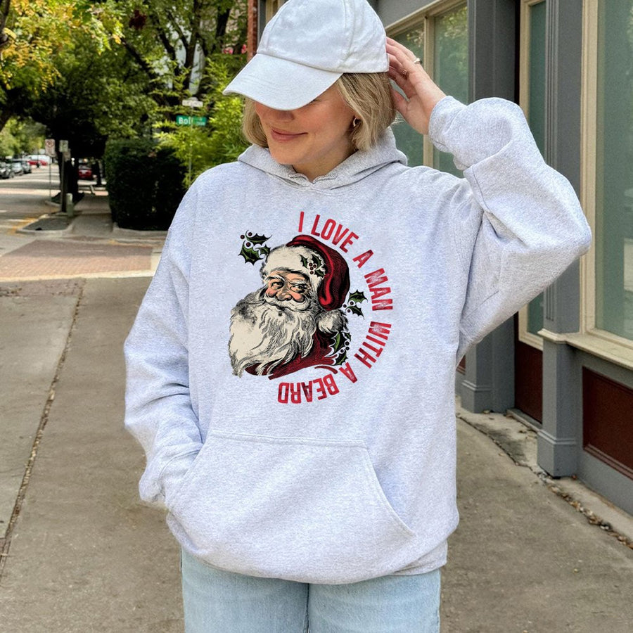 I Love A Man With A Beard Hoodie | Retro Santa Claus Christmas Graphic | Soft Cotton-Blend Pullover | Funny Holiday Gift For Her