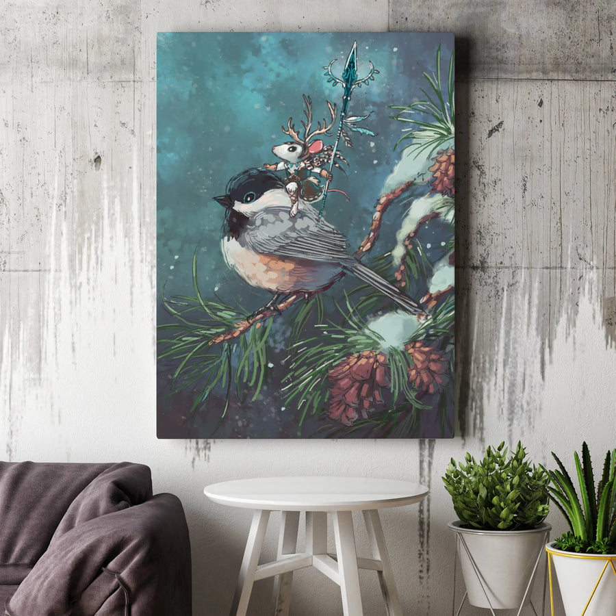 Fantasy Chickadee Canvas Print | Whimsical Mouse Warrior on Bird Illustration | Premium Gallery Wrapped Canvas | Nursery Wall Decor & Fantasy Art Gift