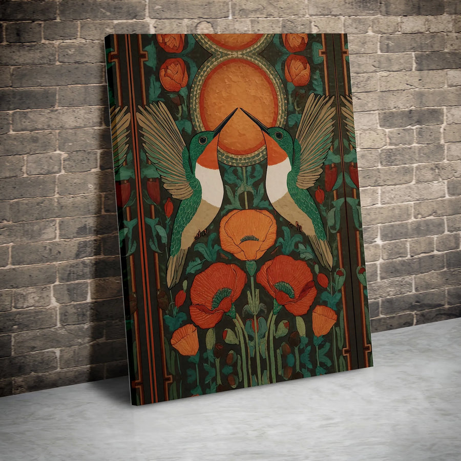 Art Nouveau Hummingbird Wall Art | Symmetrical Poppy Floral Canvas Print | Premium Gallery-Wrapped Decor | Nature-Inspired Home Gift
