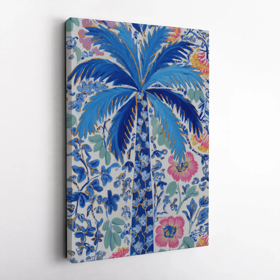 Blue Palm Tree Canvas Print | Tropical Floral Botanical Wall Art | 1.25 Inch Gallery Wrap | Coastal Living Room Decor Gift