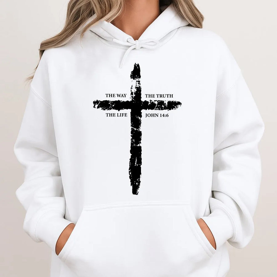 John 14:6 Christian Hoodie | The Way The Truth The Life Distressed Cross | Premium Cotton | Minimalist Religious Faith Gift for Men & Women