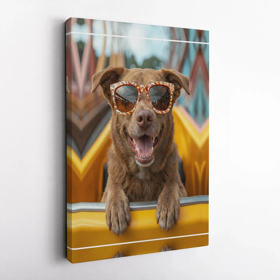 Funny Dog Roller Coaster Canvas | Happy Dog Wearing Sunglasses | Premium Gallery Wrapped Wall Art | Whimsical Pet Lover Gift