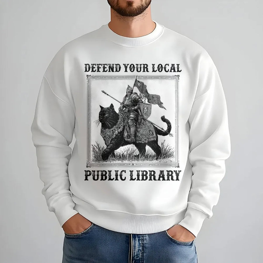 Defend Your Local Public Library Sweatshirt | Knight Riding Black Cat Graphic | Premium Cotton-Poly Blend | Book Lover Gift for Readers