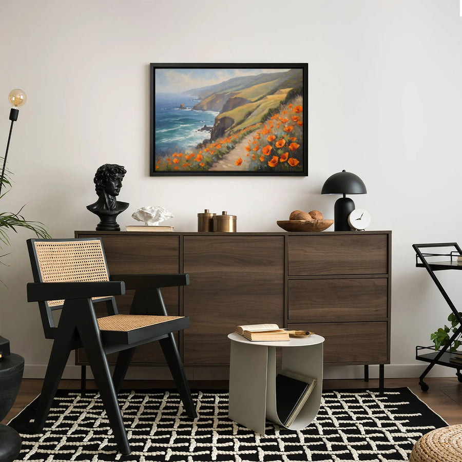 California Coastal Poppies Canvas Wall Art | Impressionist Ocean Landscape Print | Premium 1.25" Gallery Wrap | Scenic Nature Decor for Living Room