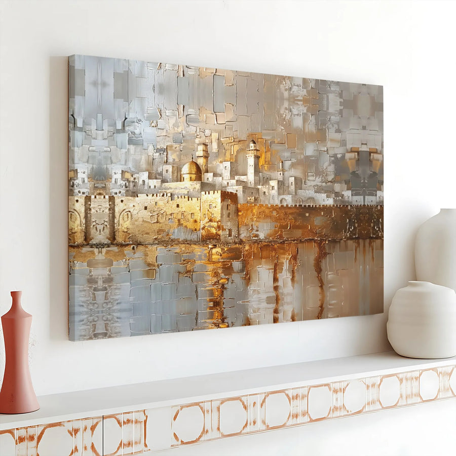 Jerusalem Old City Canvas Wall Art | Abstract Gold Impasto Skyline | Premium Gallery Wrap Print | Modern Religious Home Office Decor Gift