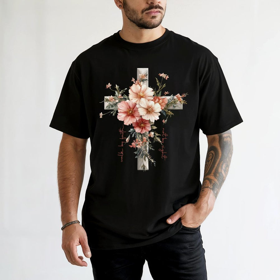 Floral Cross T-Shirt | Walk By Faith Not By Sight Quote | Premium 100% Cotton Religious Apparel | Christian Gift For Her