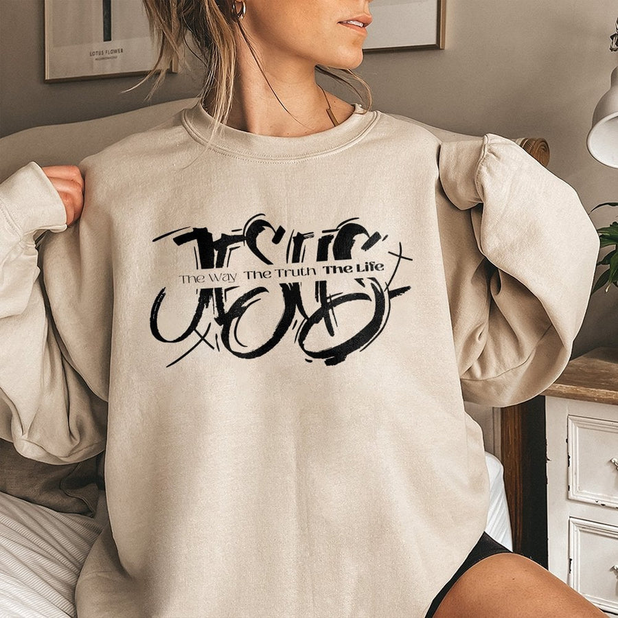 Jesus The Way The Truth The Life Sweatshirt | Modern Christian Scripture Graphic | Soft Cotton Blend Premium Apparel | Faithful Gift For Men Women