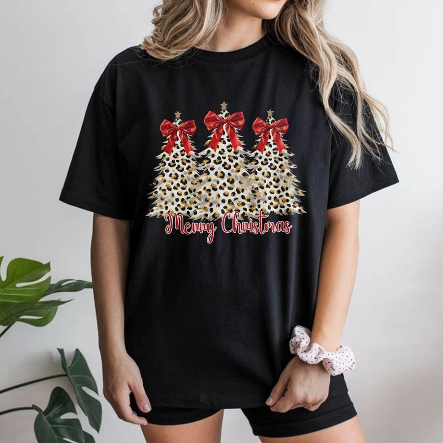 Leopard Print Christmas Tree T-Shirt | Festive Coquette Bow Design | Premium Soft Cotton | Holiday Gift for Women and Family