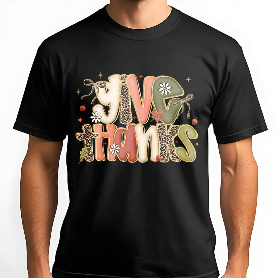 Give Thanks Thanksgiving T-Shirt | Preppy Leopard Print Coquette Bow Design | Premium Soft Cotton | Festive Fall Outfit Gift for Women