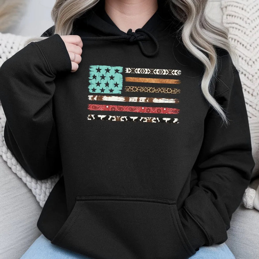Western American Flag Hoodie | Boho Cowboy Print Distressed Graphic | Premium Cotton Blend | Patriotic Gift for Men & Women
