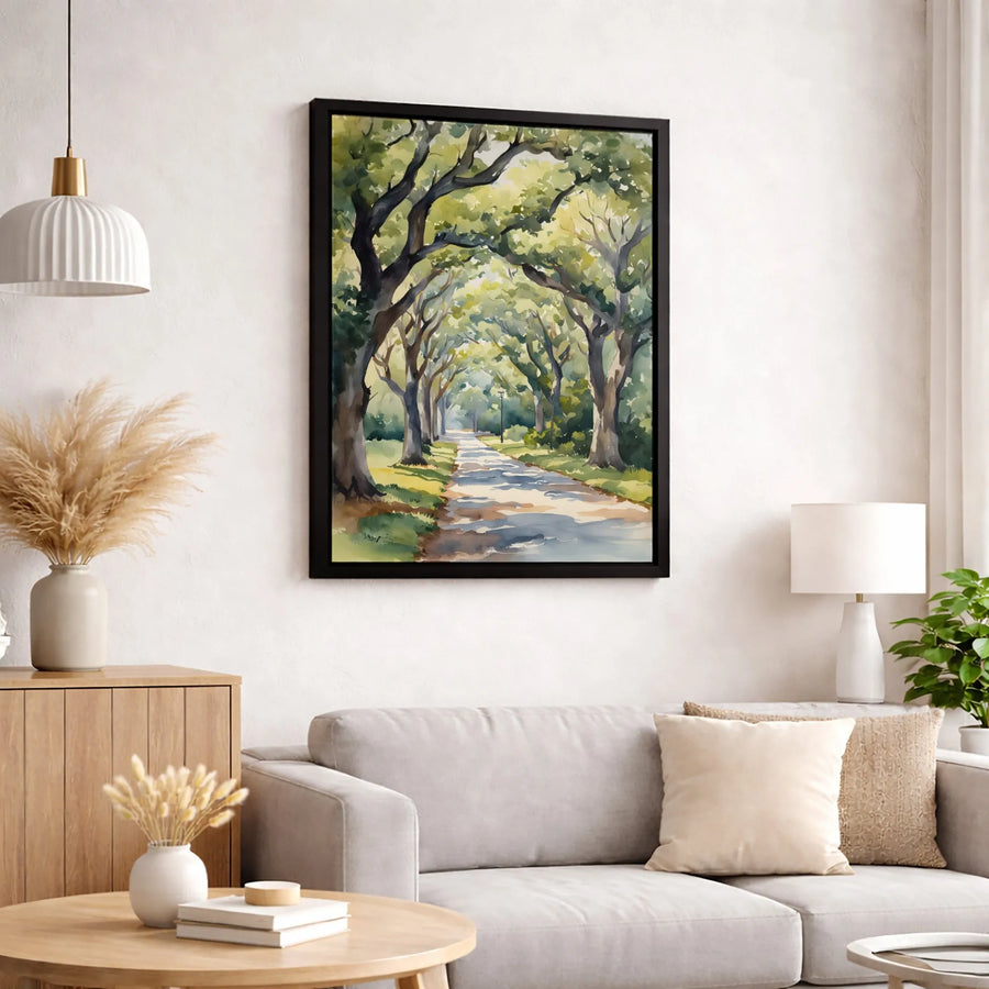 Sunlit Oak Tree Path Canvas Print | Watercolor Forest Avenue Wall Art | 1.25 Inch Premium Gallery Wrap | Nature-Inspired Home Decor Gift