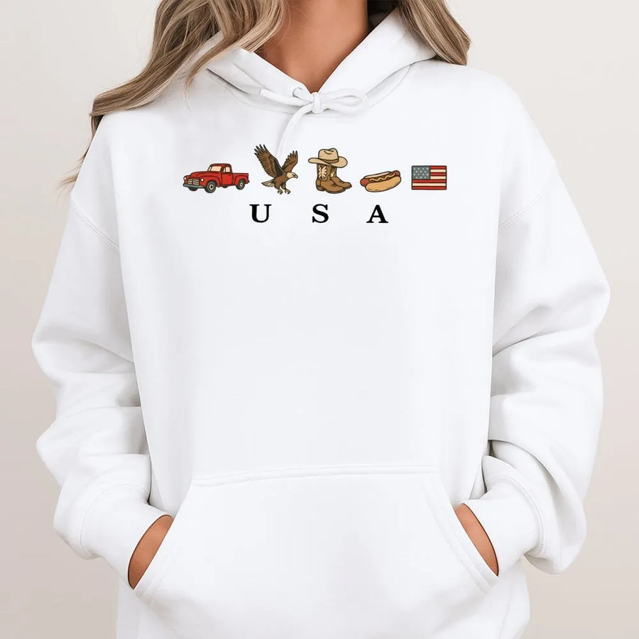 Patriotic USA Hoodie | Retro American Icons Graphic Sweatshirt | Soft Cotton Blend | 4th of July Independence Day Gift