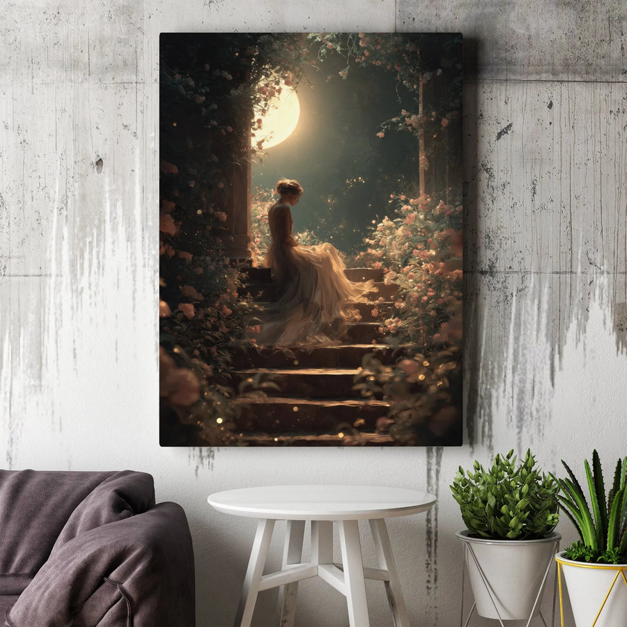 Enchanted Moonlit Garden Canvas Art | Ethereal Woman In Gown Illustration | Premium Gallery Wrap Wall Decor | Dreamy Fantasy Bedroom Wall Art Gift