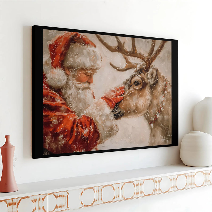 Santa Claus and Reindeer Canvas Wall Art | Whimsical Snowy Holiday Portrait | Premium Gallery Wrap Print | Festive Christmas Home Decor Gift