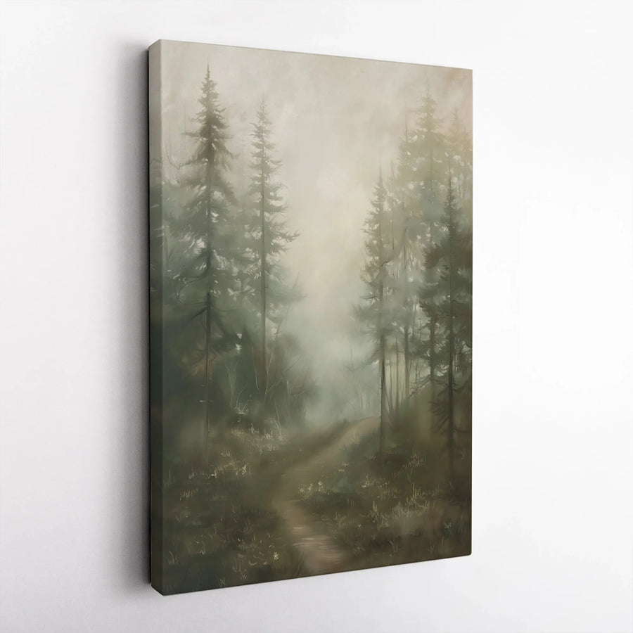 Misty Forest Vertical Canvas | Moody Woodland Path Art Print | Premium Gallery Style Wall Decor | Rustic Cabin Decor Gift