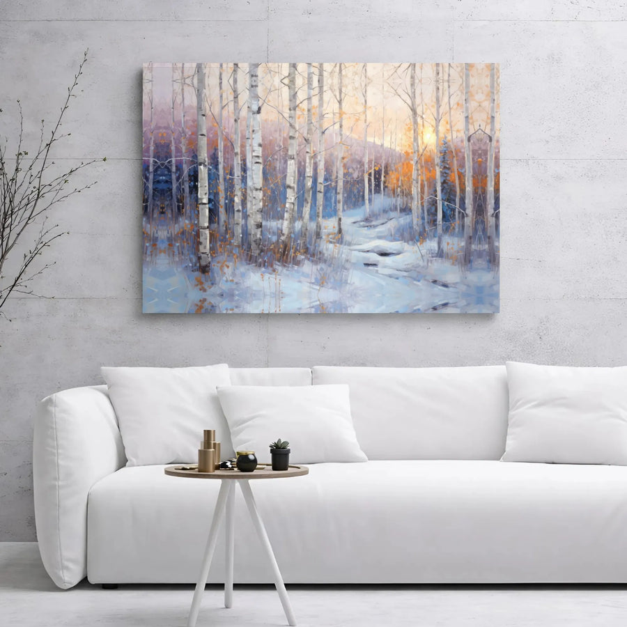 Birch Tree Forest Canvas Art | Impressionist Snowy Landscape at Sunset | 1.25 Inch Gallery Wrap | Winter Nature Wall Decor for Home