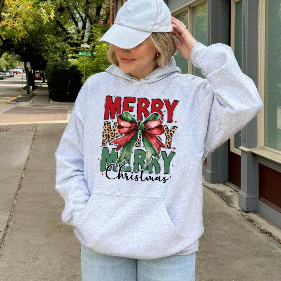 Merry Christmas Hoodie | Coquette Leopard Bow Graphic Print | Premium Cotton-Blend Fleece | Cute Holiday Gift For Women & Teens