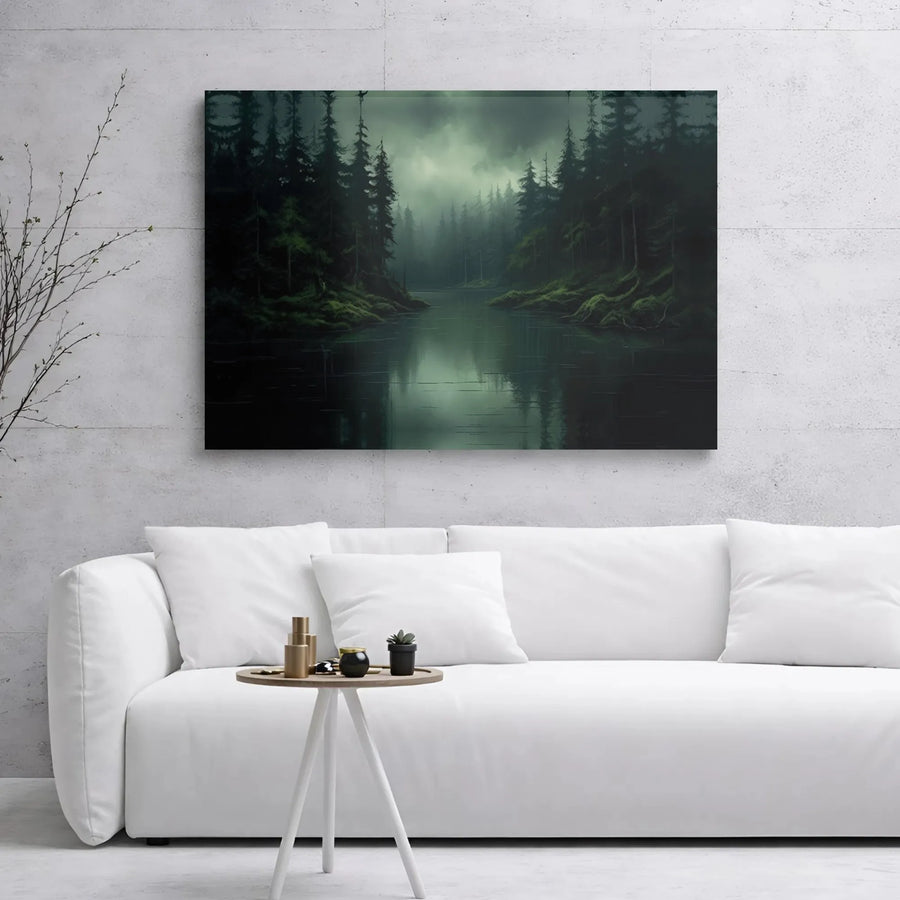 Misty Forest Landscape Canvas | Dark Pine River Wall Art | 1.25 Inch Gallery Wrap | Moody Nature Decor for Living Room Office