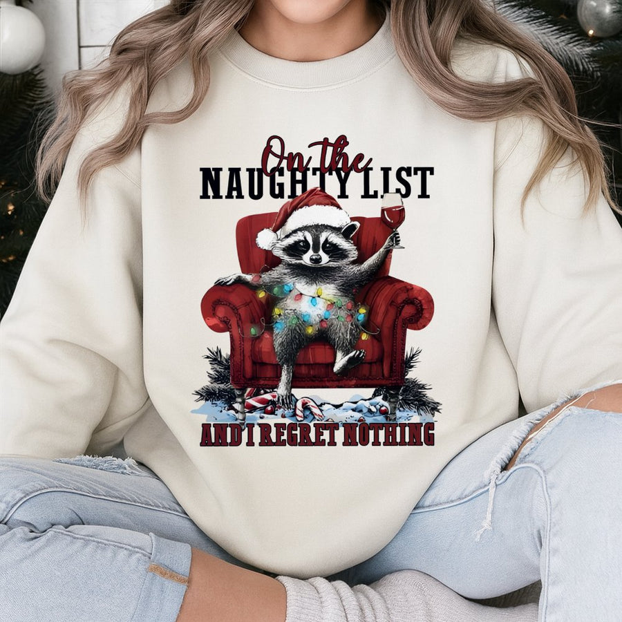 Raccoon Christmas Sweatshirt | Naughty List Funny Holiday Humor | Premium Cotton Blend Crewneck | Unisex Gift for Animal Lovers