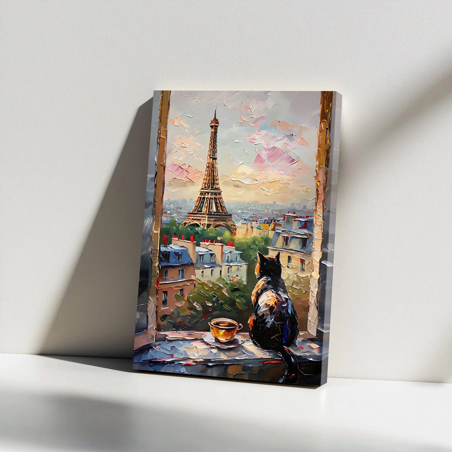 Paris Cat Canvas Wall Art | Impasto Style Painting of Eiffel Tower | Thick Gallery Wrap Print | Collector's Gift for France Lover & Parisian Decor