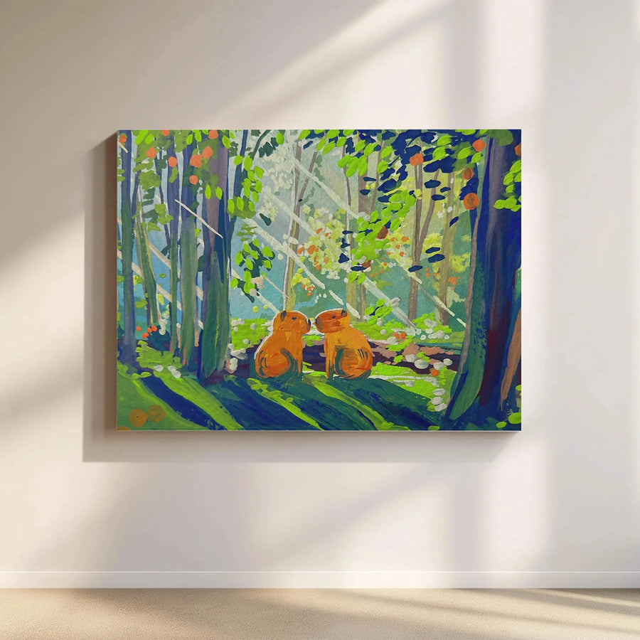 Capybara Couple Canvas Wall Art | Romantic Forest Scene Painting | Premium Gallery Wrapped Print | Anniversary Gift for Animal Lovers
