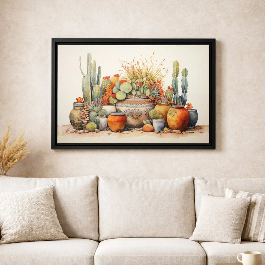 Watercolor Cactus Canvas Art | Southwestern Succulent Still Life | Premium Framed Wall Decor | Bohemian Living Room Gift