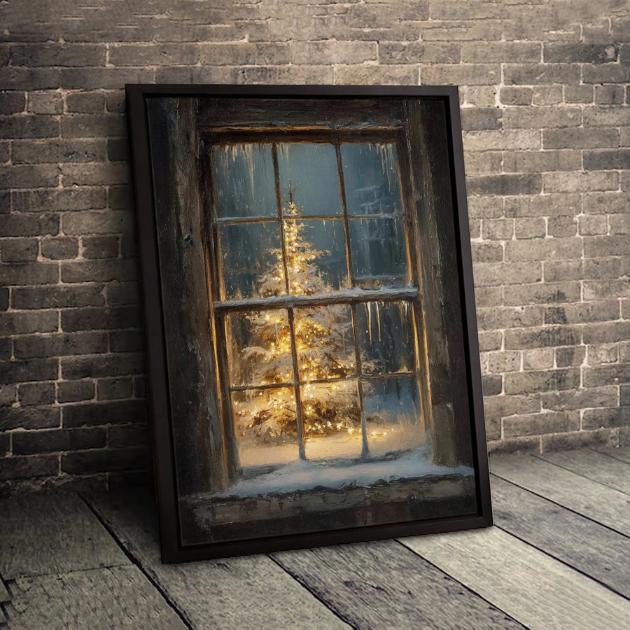 Christmas Tree Snowy Window Canvas Print | Rustic Winter Holiday Wall Art | Gallery Quality 1.25-Inch Profile | Seasonal Home Decor Gift