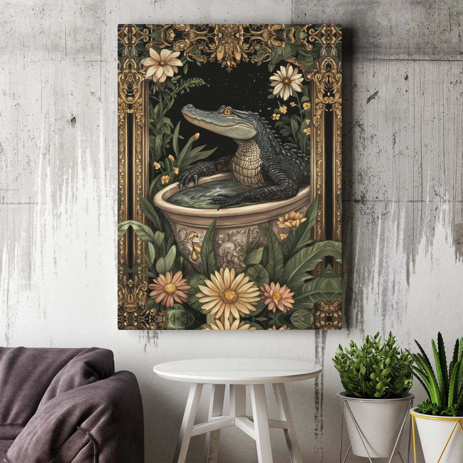 Alligator in Bathtub Canvas Wall Art | Whimsical Vintage Botanical Print | Premium Gallery Wrapped Canvas | Maximalist Bathroom Decor Gift
