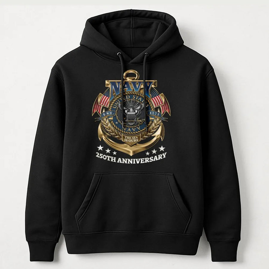 US Navy 250th Anniversary Hoodie | Commemorative Military Anchor Graphic | Premium Cotton Blend | Gift for Navy Veteran and Active Duty Sailors