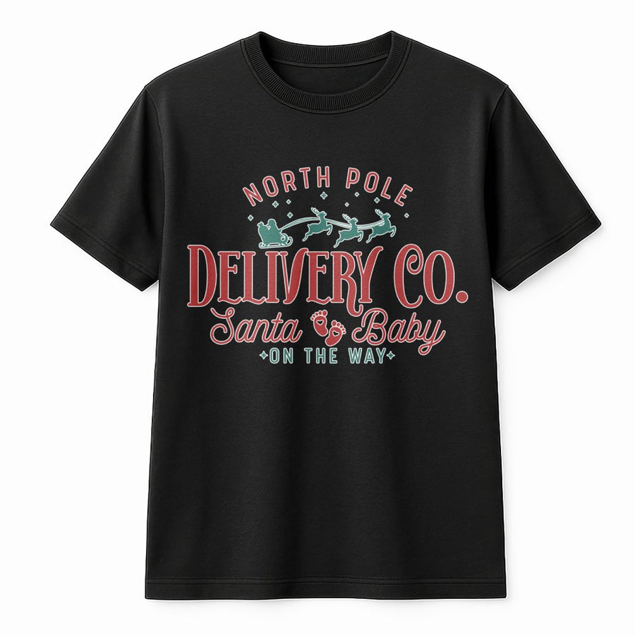 North Pole Delivery Co. T-Shirt | Santa Baby Pregnancy Announcement | Soft Cotton Christmas Tee | Expecting Parents Holiday Gift