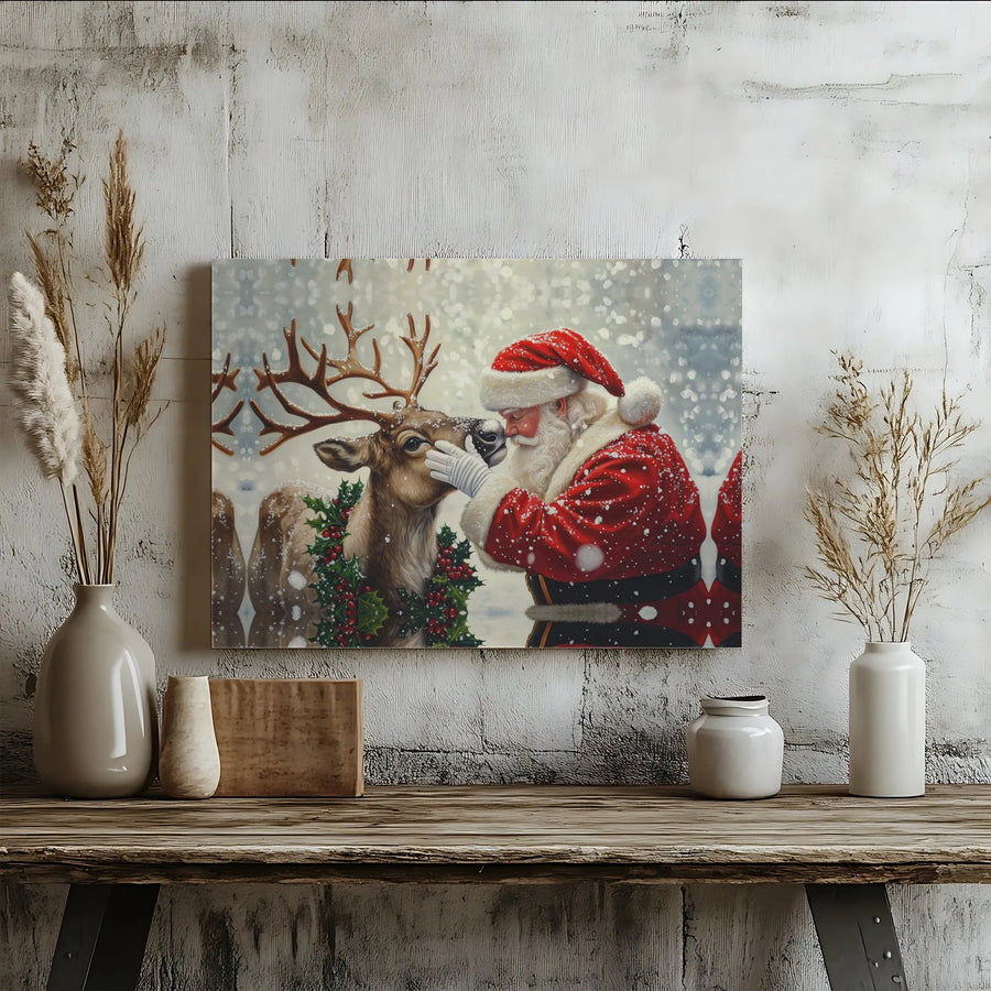 Santa Claus And Reindeer Canvas Wall Art | Whimsical Winter Holiday Scene | Premium Gallery Wrap Print | Festive Christmas Home Decor Gift