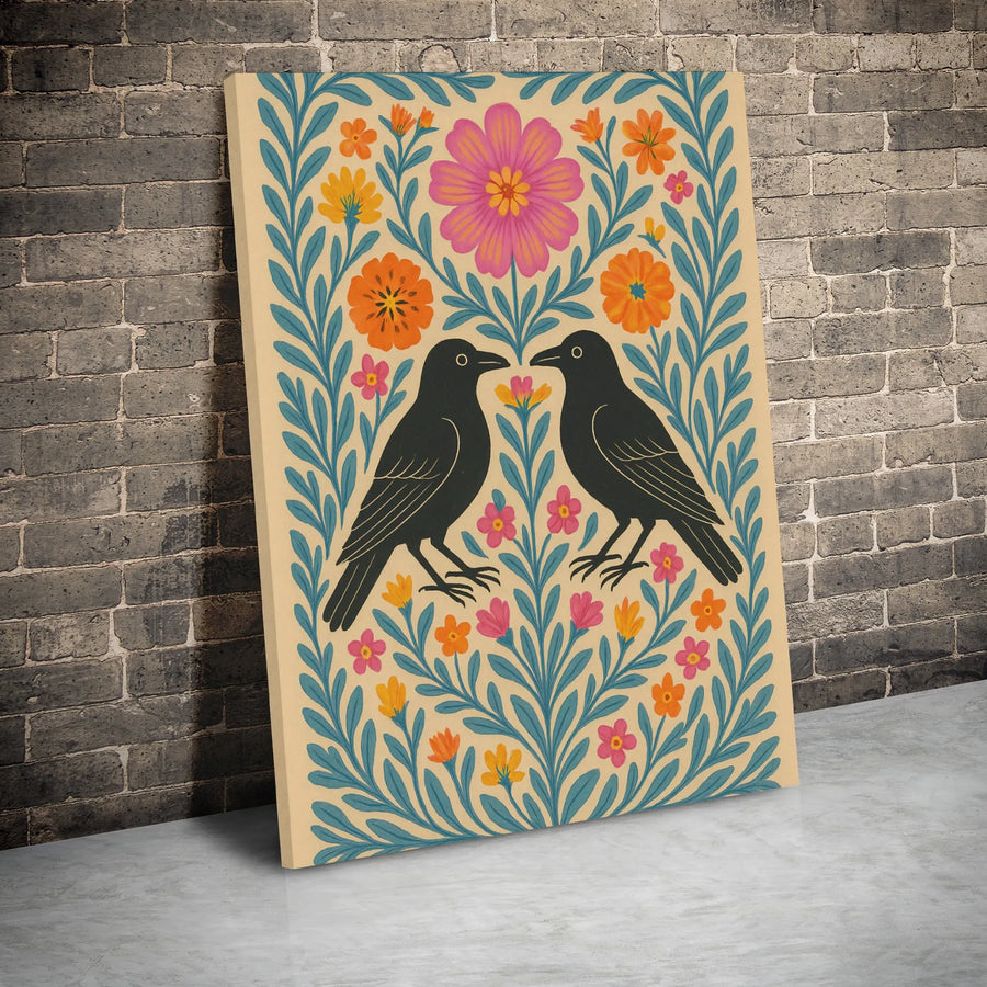 Folk Art Crow Canvas Wall Art | Botanical Floral Bird Illustration | Premium Gallery Wrapped Print | Nature Home Decor Gift for Bird Lovers