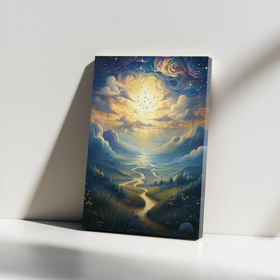 Fantasy Landscape Canvas Wall Art | Whimsical Winding River & Celestial Sky | 1.25-Inch Gallery Wrap | Dreamy Home & Office Decor Gift