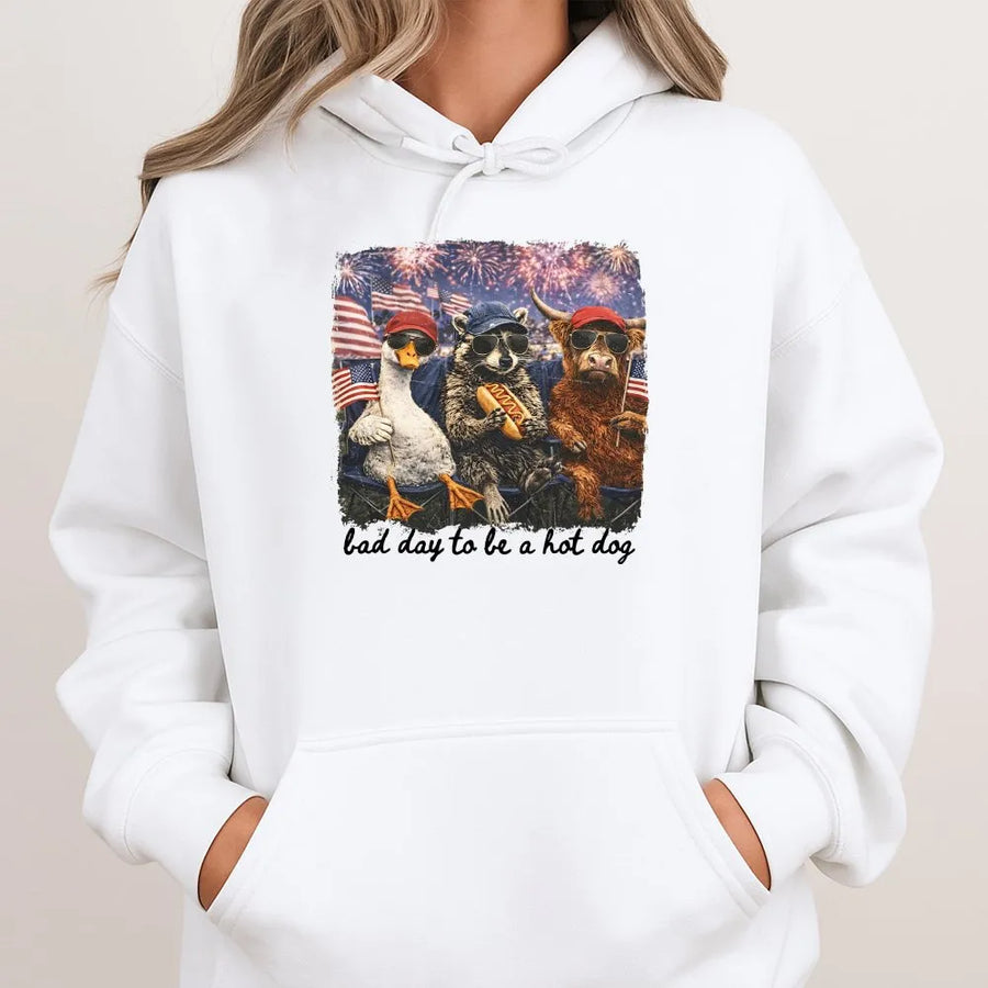 Funny 4th of July Hoodie | Bad Day To Be a Hot Dog Graphic | Cozy Cotton Blend | Unisex Patriotic Party Gift