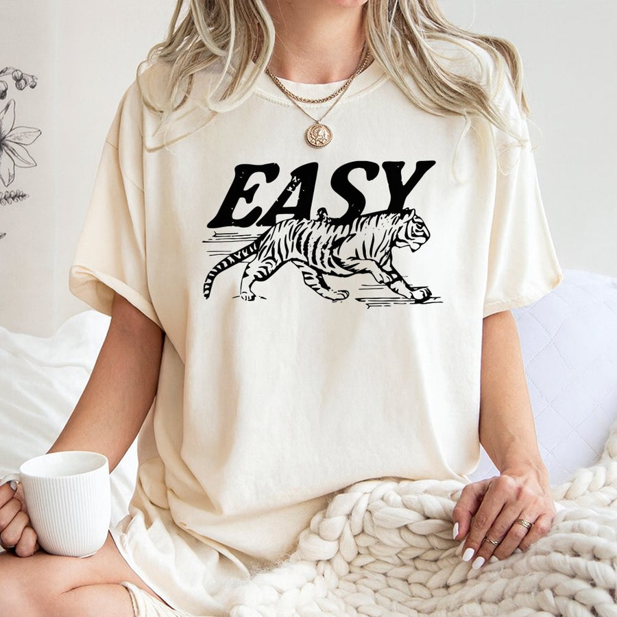 Easy Tiger Graphic T-Shirt | Vintage Retro Style Animal Print | 100% Cotton Premium Tee | Trendy Unisex Gift For Nature Lovers