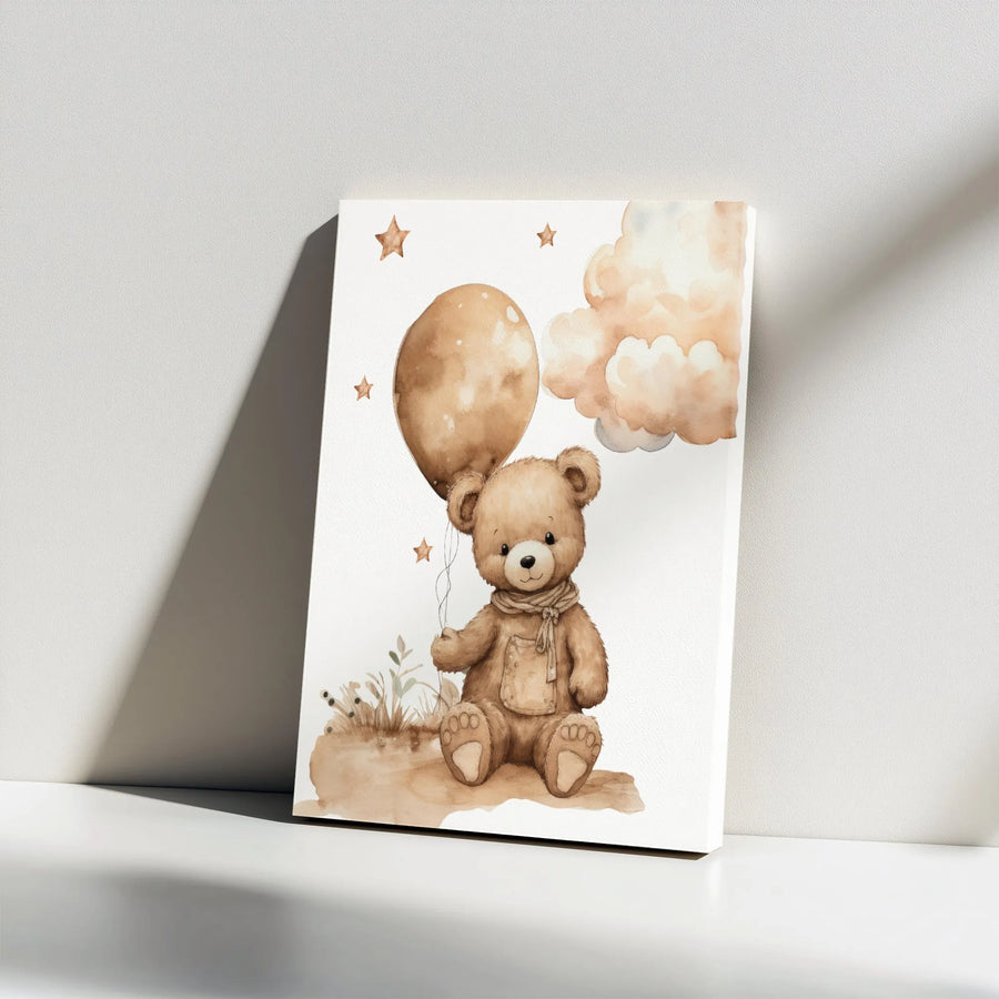 Teddy Bear Canvas Wall Art | Watercolor Bear with Balloon Print | Premium Thick Gallery Canvas | Kids Room Nursery Decor Baby Shower Gift