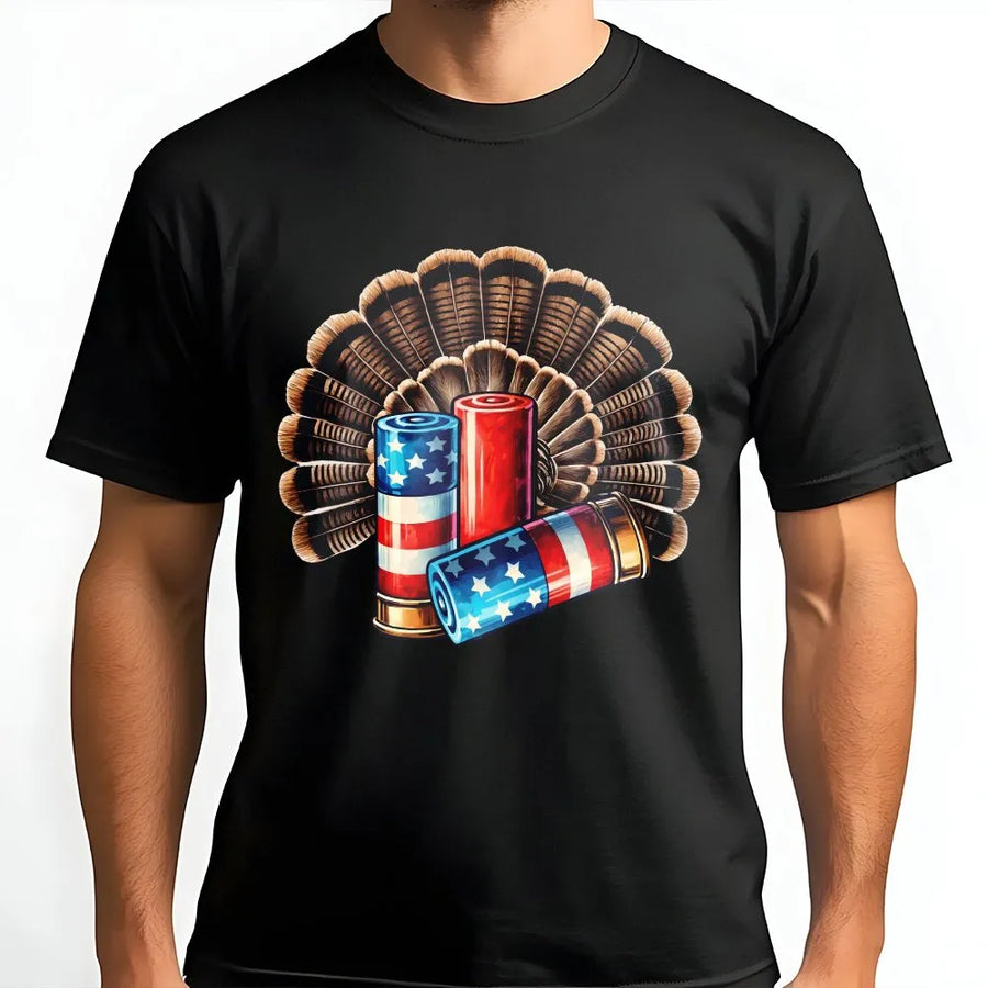 Patriotic Turkey Hunting T-Shirt | American Flag Shotgun Shells & Feather Fan Graphic | Comfortable Cotton Blend | Gift for Hunter