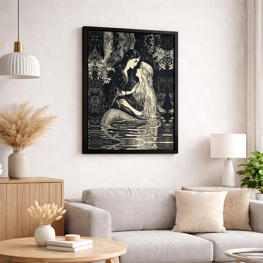 Mermaid and Woman Romantic Embrace Wall Art | Vintage Victorian Illustration Style | Premium 1.25" Gallery Canvas | Romantic Gothic Home Decor Gift
