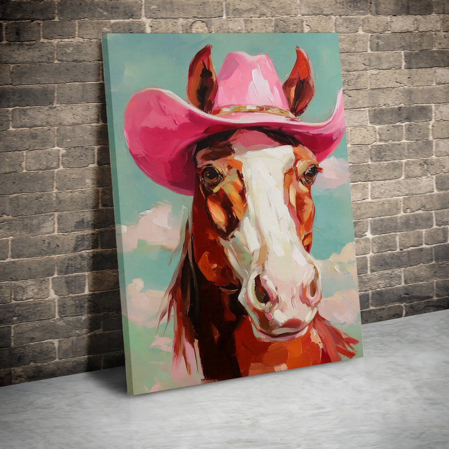 Cowgirl Horse Canvas Print | Pink Cowboy Hat Painterly Wall Art | Thick Gallery Wrapped Canvas | Western Home Decor Gift for Her