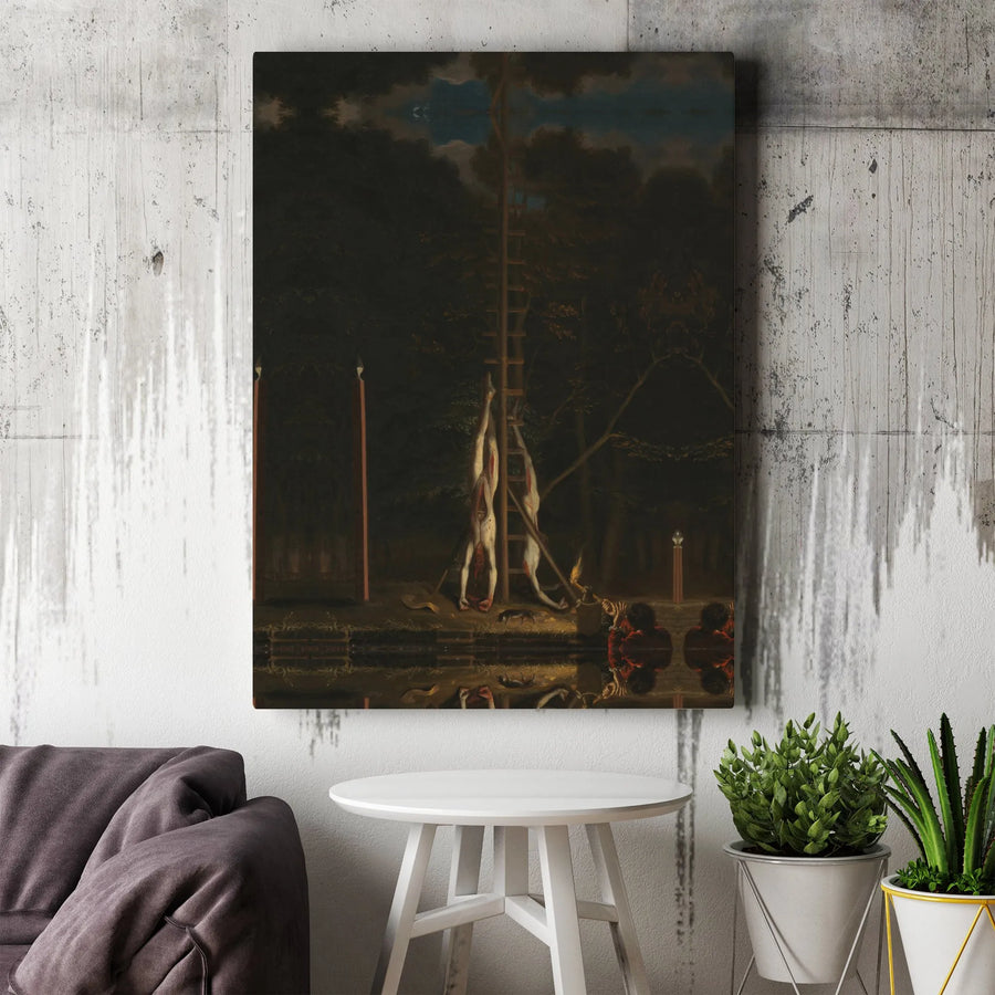 The Corpses of the De Witt Brothers Canvas Print | Jan de Baen Historical Fine Art | Premium Gallery-Wrapped Wall Decor | History Enthusiast Gift