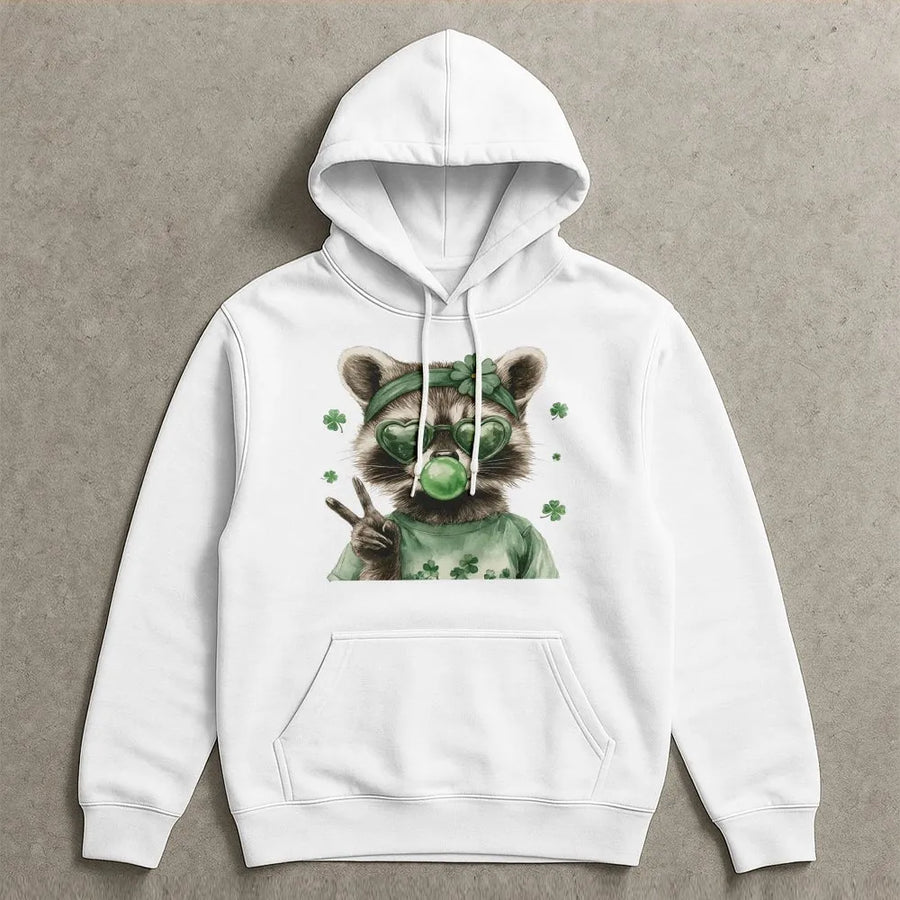 St. Patrick’s Day Raccoon Hoodie | Cute Bubblegum Raccoon Graphic | Premium Cotton Blend Sweatshirt | Funny Irish Party Gift for Animal Lovers