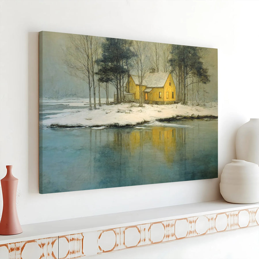 Winter Cabin Canvas Print | Yellow Farmhouse in Snowy Landscape | Gallery Wrapped 1.25 Inch Thick Wall Art | Seasonal Nature Decor for Living Room