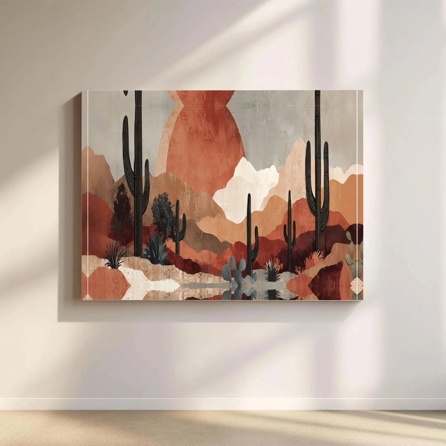 Boho Desert Canvas Wall Art | Abstract Saguaro Cactus & Sun Print | Premium Thick Gallery Canvas | Southwestern Living Room Decor Gift