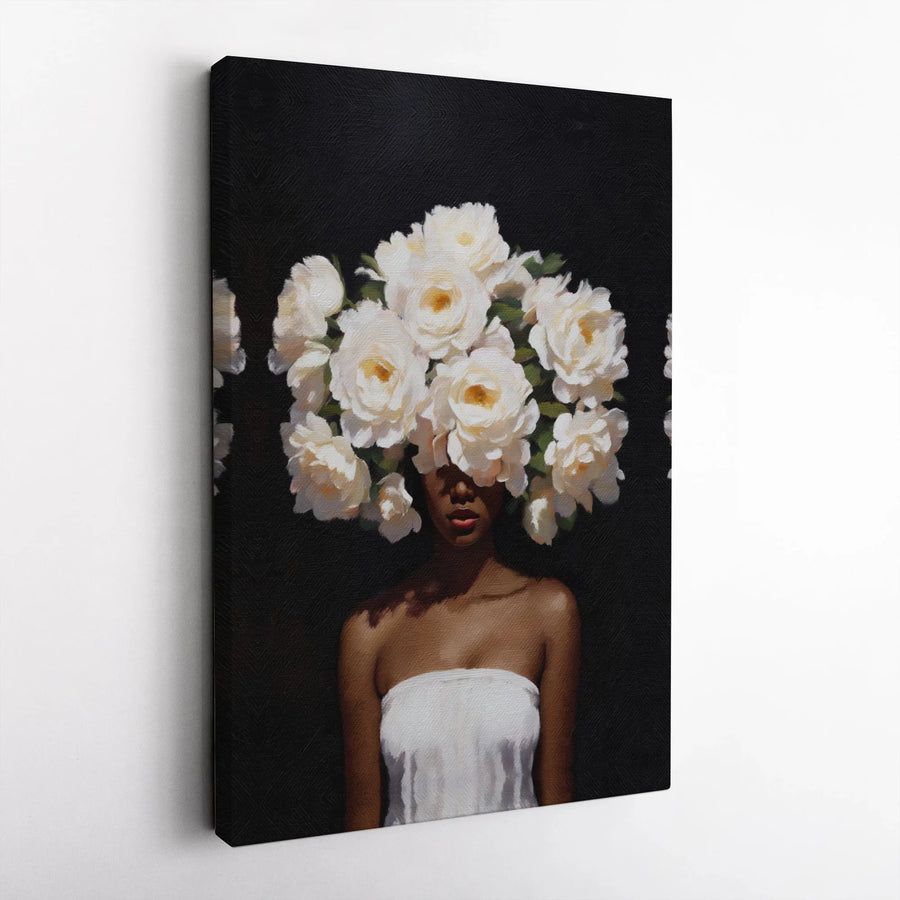 Black Woman Floral Canvas Wall Art | Surreal White Rose Portrait | Premium Thick Gallery Wrap | Modern Afrocentric Home Decor Gift