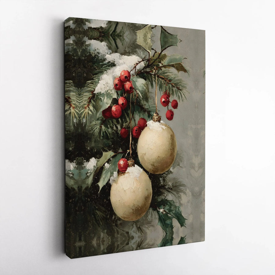 Vintage Christmas Ornament Canvas | Festive Holly Berry Oil Painting Print | Premium Gallery Wrap Wall Art | Holiday Home Decor Gift
