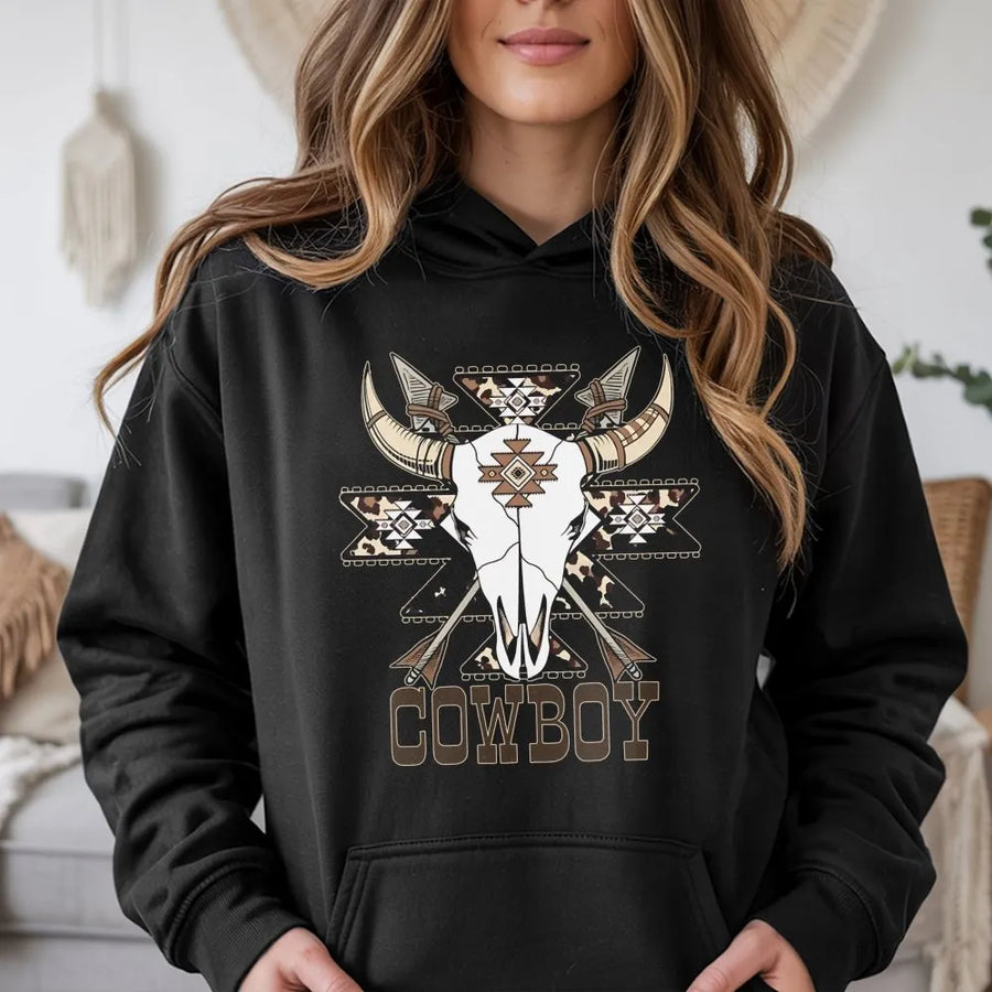 Cowboy Rodeo Hoodie | Western Bull Skull Aztec Tribal Print | Premium Cotton Blend | Gift for Country Music Fans and Ranch Life Enthusiasts