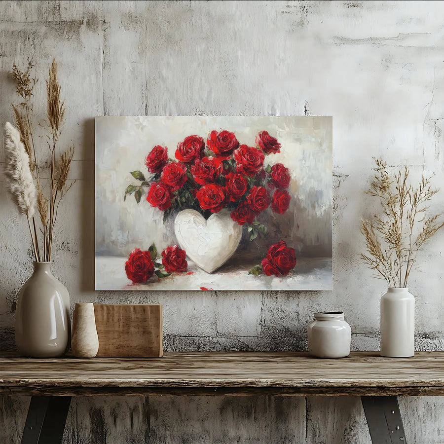 Red Rose Still Life Canvas Print | Romantic Floral Heart Vase Wall Art | 1.25" Gallery Wrap | Premium Decor for Home or Wedding Gift