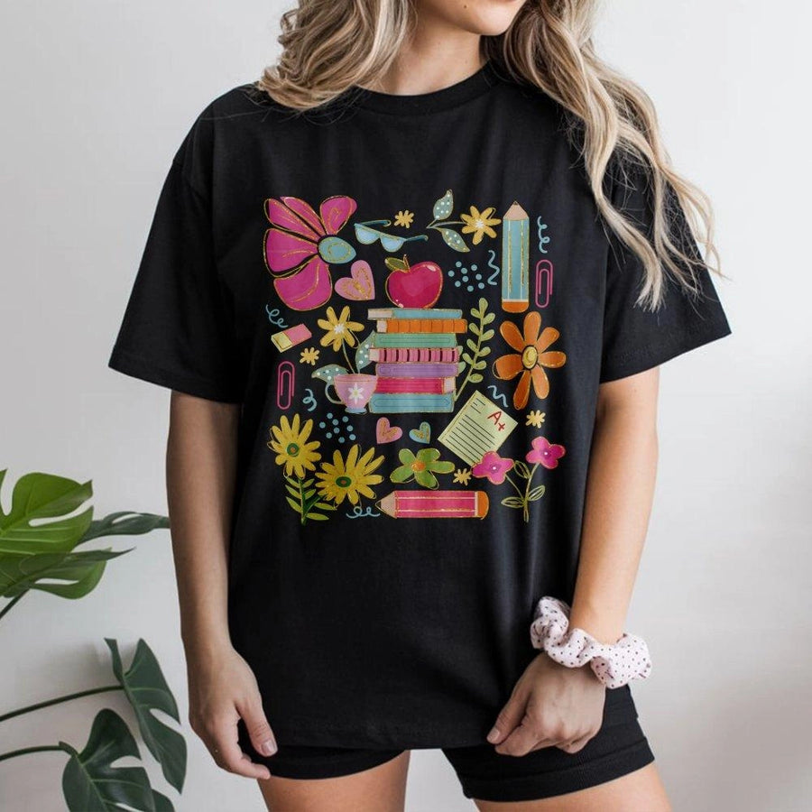 Boho Teacher T-Shirt | Aesthetic Wildflower School Supplies Print | Soft Cotton Premium Tee | Teacher Appreciation Gift End Of Year Outfit