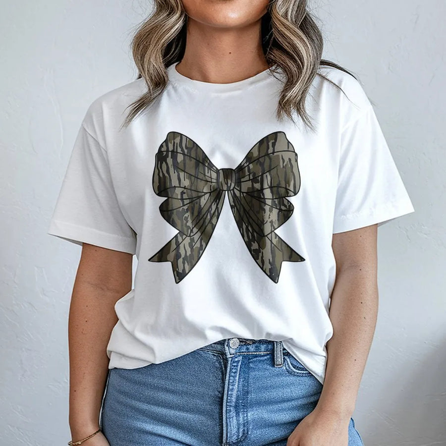 Camo Bow T-Shirt | Coquette Aesthetic Hunting Design | Premium Cotton Graphic Tee | Gift for Outdoor Women and Hunters